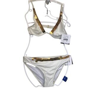 Christina NEW Off White Bikini Brass Jewel Swimwear Boho Gold 12 Adjustable Suit